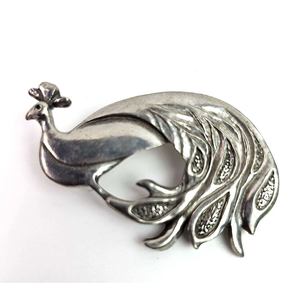 Vintage Seagull Pewter Canada Peacock Brooch 1987 Signed Silver Tone